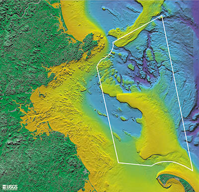 A map showing map showing bathymetry for Massachusetts Bay