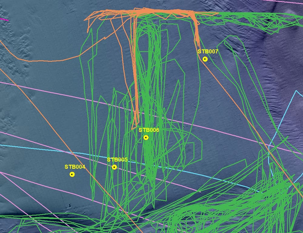 Automatic Identification System data showing the tracks of four vessels that fished in the vicinity of four wrecks