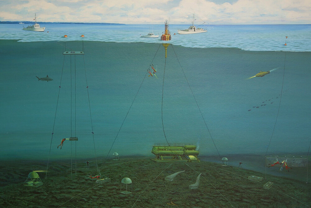 a pointin showin buoys with cables running down to contraptions on the sea floor