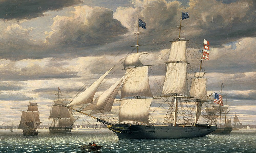 painting of several sail ship in boston harbor
