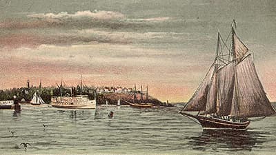 drawn postcard of the steamer portland leaving the harbor