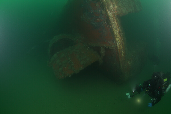 Two divers swim around a shipwreck