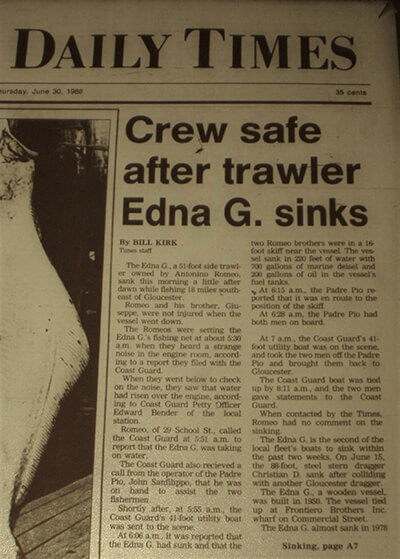 A newspaper clipping about Edna G sinking