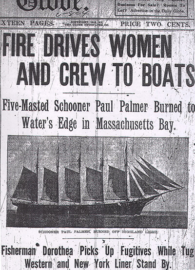 A news paper clipping with the headline 'fire drives women and crew to boats' and a photo of a 5 masted ship