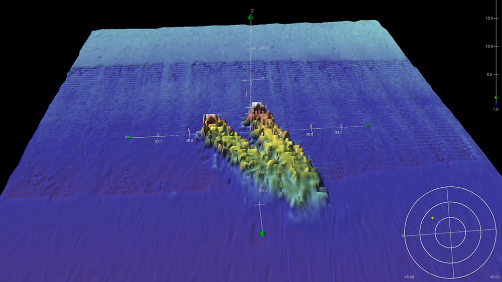 A scan showing two ships lying close together on the seafloor