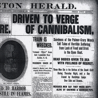A news papper headline reading 'driven to the verge of cannibalism'