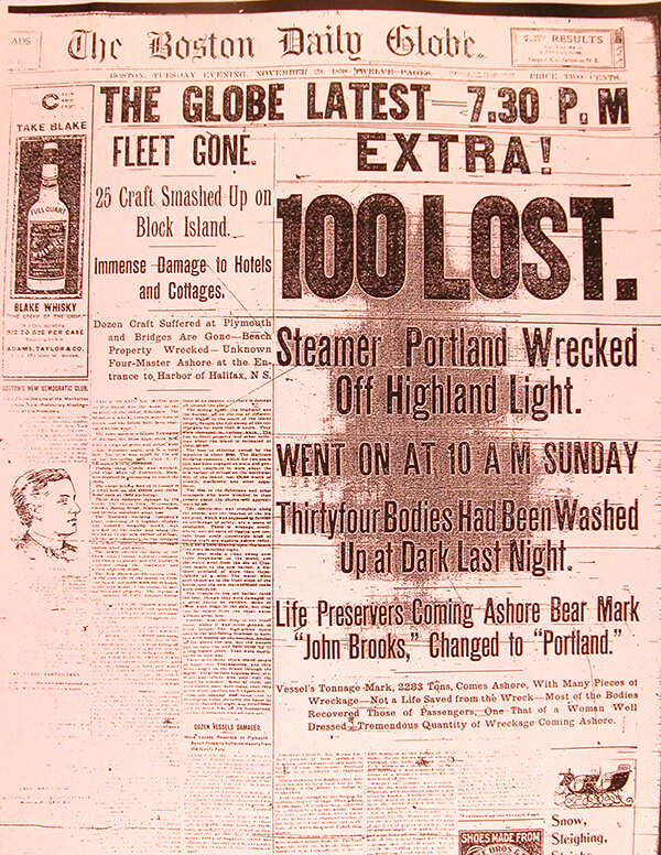 A boston globe headline about steamship portland reading '100 lost'