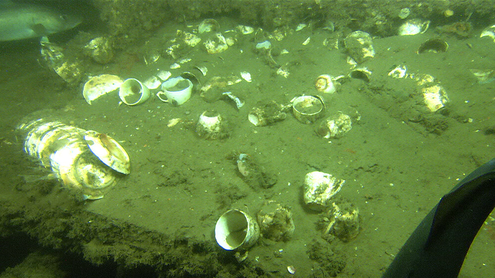 Various dishes partialy burried by sand on the seafloor