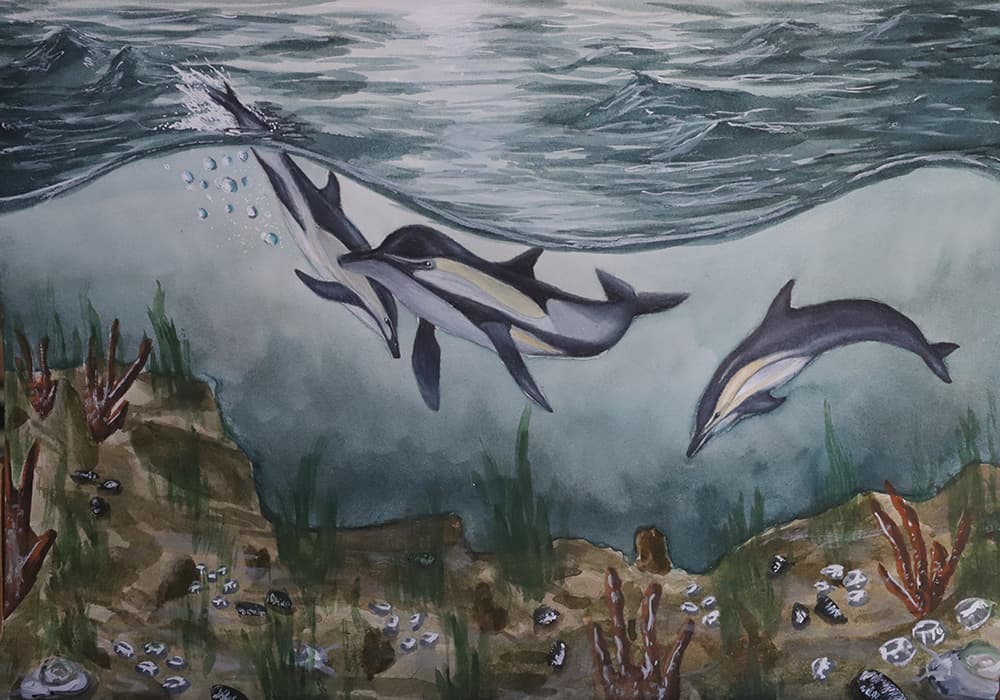 student artwork depicting dolphins swimming