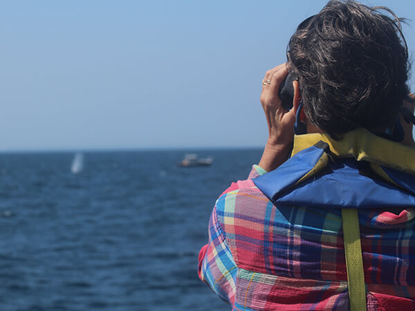 a person looks through binoculars over open water