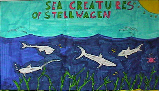 Poster showing sharks and other sea creatures